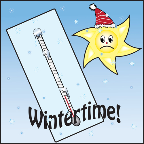 Illustration of winter thermometer and sun with hat